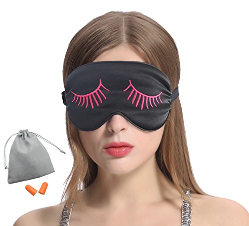 MSSilk Sleep Eye Mask- Smoothing Mulberry Silk- Adjustable Elastic Strap- Lightweight- with A Bonus Pair of Earplug in a Carry Pouch (Red Eyelashes)