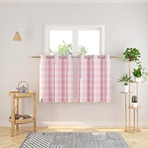 3 pc cotton classic country farmhouse kitchen window curtain grommet top pink white buffalo check tier valance set 54 x 18 32 x 30  urban country home decor