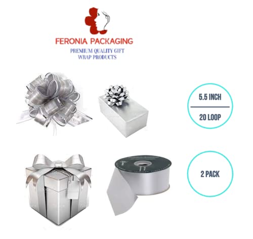 Feronia Packaging 2 Pieces Pull Bow For Gift Wrapping Gift Bows Pull Bow With Ribbon For Wedding Gift Baskets, 5.5 Inch 20 Loop (Silver) #TOP3