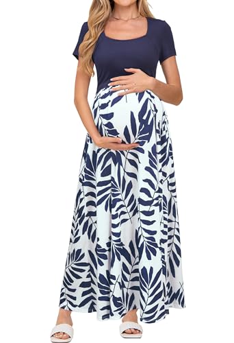 OUGES Sommerkleid Damen Lang Umstandskleid Maxikleid Elegant Kurzarm Stillkleid Sommer Kleid mit Taschen, XXL