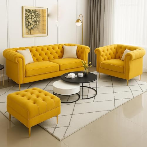 Image of Classic 3+1= 4 Seater with Footrest Seater Sofa Set Luxury Chesterfield Modern Fahionalable Sleeper Sofa for Living Room, Dining Room, (Yellow A1)