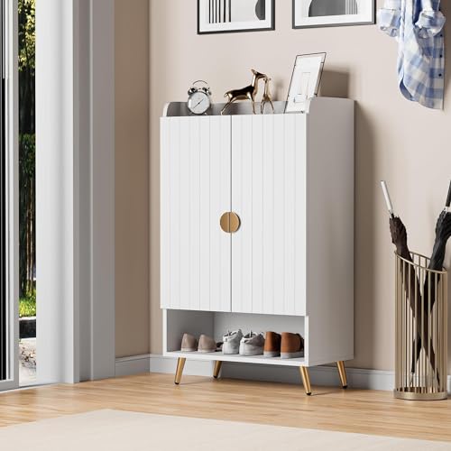 Image of HYGRAD Modern Hallway Shoe Cabinet Wooden Large Entryway Shoe Organiser Cabinet Gold Legs Entryway Display Cabinet With Storage 4 Door or 2 Door White Grey (Medium White Cabinet)