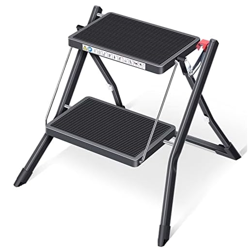 KINGRACK Trapladder 2 Treden, Draagbare opstapkruk inklapbaar met handgreep, groot platform, Slanke Huishoudtrap van Staal, Vouwladder Vouwtrap Opstapje Opvouwbaar Kruk voor Thuis Keuken, Zwart