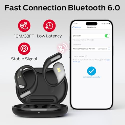 Image of Monster Open Ear AC328 Wireless Earbuds, Open Ear Headphones 32H Playtime, Lightweight Comfort Bluetooth Earbuds, Bluetooth 6.0 Earphones Stereo Sound, Water Resistant Design for Sports, Black