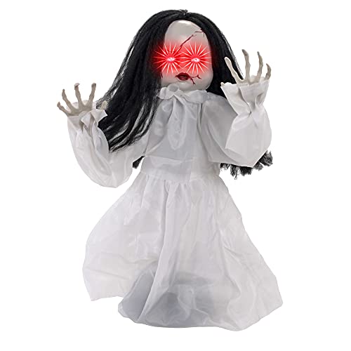 HALLOWEEN HAUNTERS Animated 25" Jumping Zombie Girl Child Doll Ghost Prop Decoration with Red Flashing Eyes - Scary Moving Infant Baby, Speaks, Demonic Laughs, Ghoul Giggles - Haunted House, Entryway