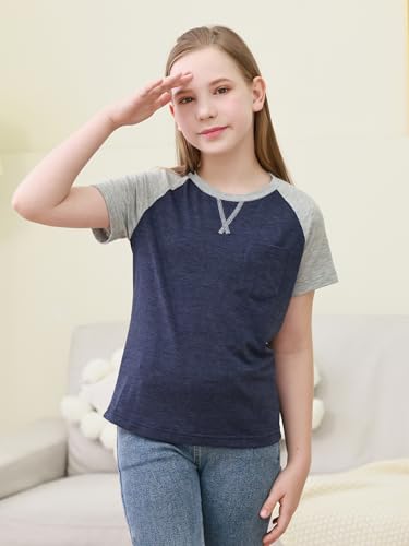 Image of GORLYA 2 Pack Girls Contrast Raglan Sleeve T-Shirt Casual Simple Basic Tee Tops with Pocket for 8-16Y