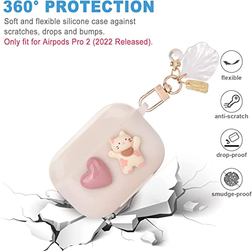 Cute Kawaii Airpod Pro 2 Case With Shell Pearl Keychain Love Heart Cat Design Silicone Tpu Cover Compatible With Airpods Pro 2Nd Generation 2022 Case For Women And Girls #TOP2