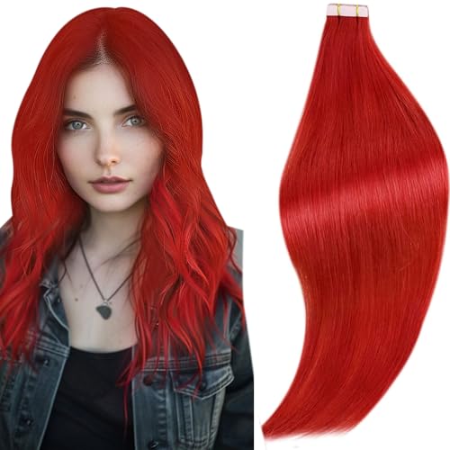 RUNATURE 14 Inch Tape in Hair Extensions Human Hair Wine Red Tape Hair Extensions Real Human Hair Invisible Straight Remy Tape Red Hair 20 Gram
