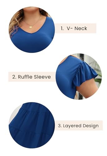 Image of Celkuser Womens Plus Size Summer Casual Midi Dress Short Ruffle Sleeve Tiered Empire Waist T-Shirt Dress with Pockets