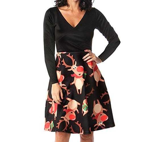 JURTEE Women's Temperament V-Neck Christmas Print Long Sleeve Swing Dress Flowy Xmas High-Waist Party Dress(L,Orange)
