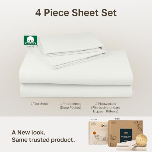 Image of Soft Natural 100% Cotton Sateen Queen Sheets, 4 Pc Set, Ivory (Eggshell)