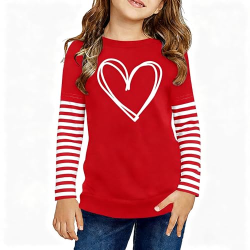 Image of LAZYCHILD Kids Valentine Shirt Girls Valentines Day Shirts Heart Graphic Long Sleeve Striped Tee Tops 5-14 Years