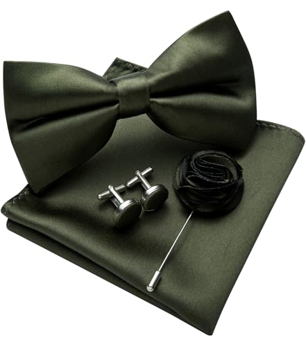 Image of Solid Color Bow Ties for Men Silk Pre-tied Tuxedo Bowtie Set 4PCS | Pre-tied in 3 seconds,adjustable 4PCS bow tie and pocket square cufflinks lapel pin set,wedding,formal,party,prom,graduation
