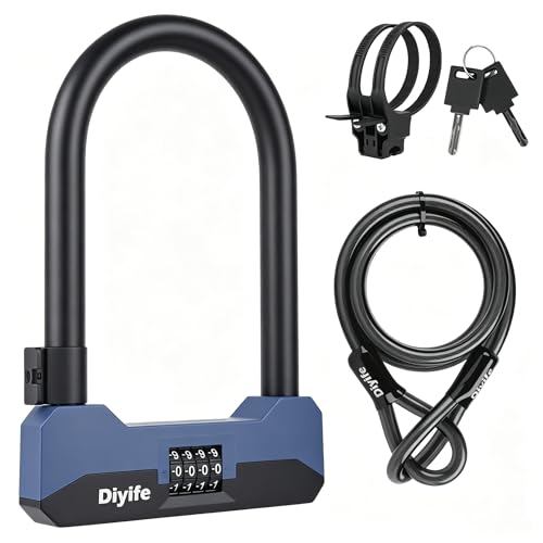 Diyife 18mm Combination Bike U Lock Large Bike Lock Heavy Duty Anti Theft with 5FT Steel Cable 4-Digit Security Bicycle Lock with Keys and Mounting Bracket for Ebike Scooter Motorcycle 10.24x7.1