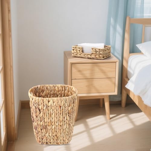 Image of Wicker Trash Can and Rectangle Napkin Holder, Guest Towel Holder,4 Gallon Water Hyacinth Bathroom Trash Can, Handwoven Napkin Holder, Narrow Small Waste Basket, Rustic Decorative Home and Office Set