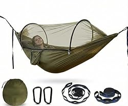 Hamaca Ultraligera con Red antimosquitos 260 x 140...: Tamaño amplio 260×140 cm, ideal para una persona o uso cómodo con espacio extra. Mosquitera integrada que protege de mosquitos y otros insectos en el exterior. Tela de paracaídas transpirable y resistente, suave al tacto y de secado rápido. Estructur...