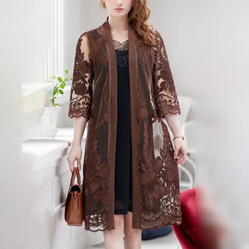 Image of FindThy Women's Floral Lace Embroidery Cardigan 3 /4 Sleeve Sheer Mid-Long Coat Kimono Coverups