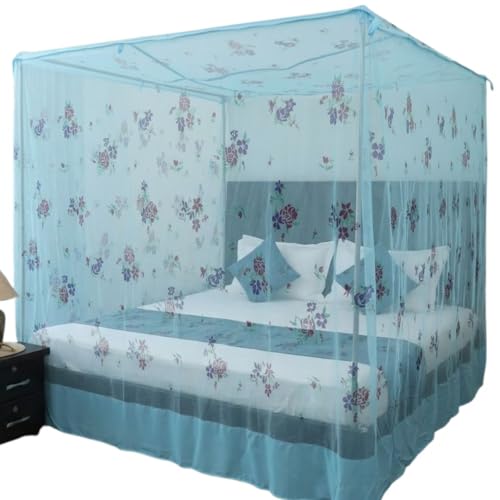 Image of Mosquito Net for King Size Bed - Foldable Square Mosquito Net Double Bed | Mosquito Net for Queen Size Bed | Floral Printed with Base Cloth Mosquitoes Net Sukun Wali Neend (6.5 x 6.5ft, Blue)
