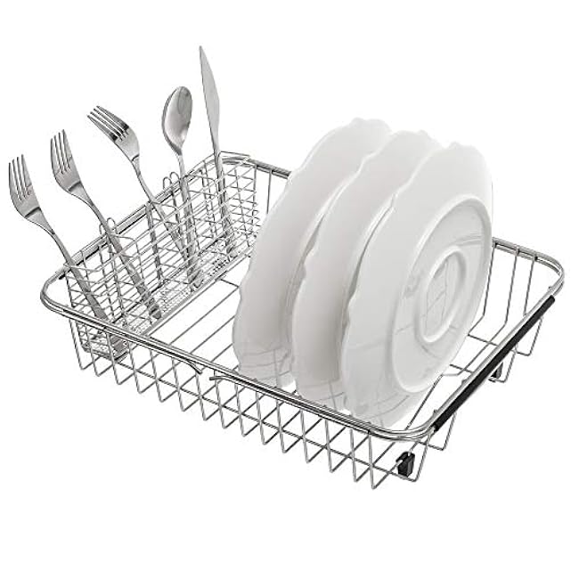 SANNO Expandable Dish Drying Rack,Large Dish Drainer Drainwith 4 Division Utensil Silverware Cutlery Holder, Expandable Dish Rack Shelf Dish Rack in Sink or Over Sink On Counter Stainless Steel