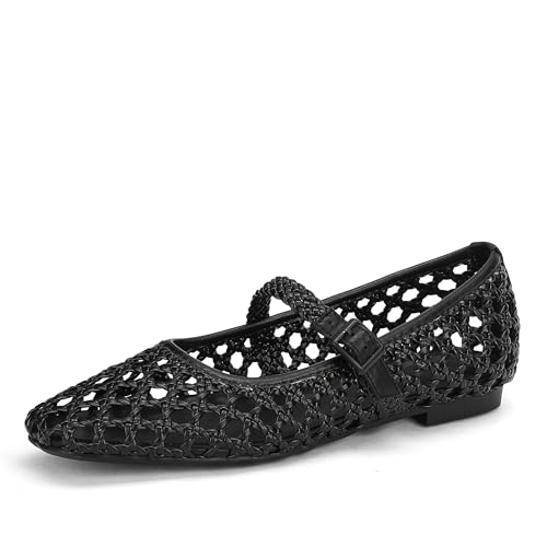 Image of Woven Mesh Ballet Flats Shoes for Women with Elastic Strap Square Toe Breathable Slip On Flat Mary Janes Dress Casual Shoes