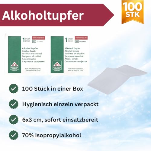 Alkoholtupfer zum Reinigen 70% Isopropylalkohol unsteril einzeln verpackt ungefaltet 6 x3 cm. Box à 100 St.