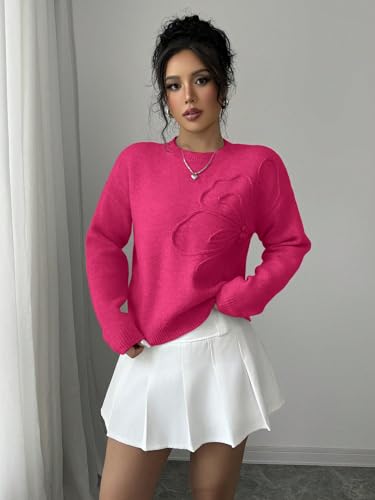 Image of Verdusa Women's Spring 3D Flower Appliques Crewneck Sweaters Long Sleeve Drop Shoulder Pullovers Knit Going Out Tops