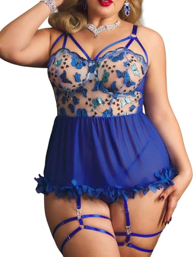 Image of Alrovetoney Plus Size Lingerie For Curvy Women Ruffle Lingerie Set Sexy Lace Lingerie Set Garter Belt With Stockings