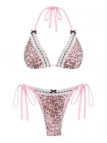 Alyweatry Women Y2k Halter Bikini Sets Coquette Bow Floral Print High Cut Tie Side Triangle Thong Bathing Suits