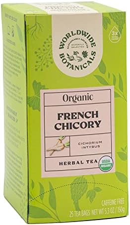 Worldwide Botanicals Organic French Chicory Root Tea, 25 Tea Bags - 3x herbs with 6g per teabag - Prebiotic, Roasted - Acid Free, Caffeine Free, Kosher