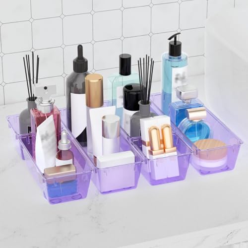Image of WOWBOX 12 Pack Clear Drawer Organizer Set, Acrylic Drawer Storage Trays, Storage Bins for Makeup, Cosmetics, Jewelries, Utensils, Gadgets, Office, Purple