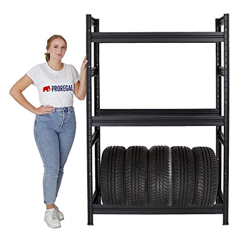 PROREGAL Reifenregal Dino | HxBxT 180x120x50 cm | Fachlast 150kg | bis zu 12 Reifen | Schwarz | Reifenständer Garagenregal Kellerregal Werkstattregal