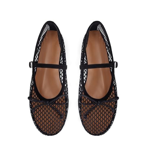 Image of MICIFA Women's Mesh Ballet Flats Fishnet Ballerina Flats Buckle Strap Mary Jane Causal Daily Dress Shoes