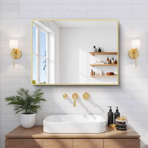 Image of COFENY Gold Bathroom Mirror for Wall, 18x24 Inch Rectangle Mirror with Metal Frame, Modern Vanity Mirrors for Bathroom Living Room, Entryway Hangs Horizontal or Vertical
