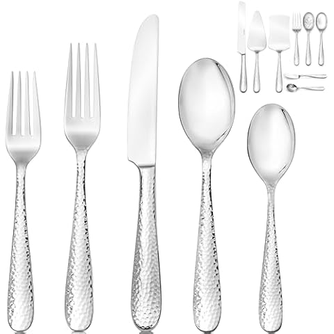 Hudson Essentials 68-Piece Hammered 18/10 Stainless Steel Silverware Set, Fine Flatware Service for 12 - Bergamo Premium Cutlery Set, Mirror Polished Cover