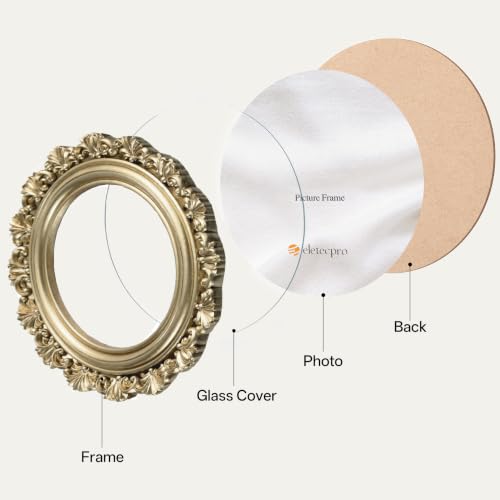 Image of eletecpro 4x4 Round Picture Frame Glass Cover, Vintage Gold | Retro Ornate Gold Photo Frame for Tabletop or Wall Mount Decor