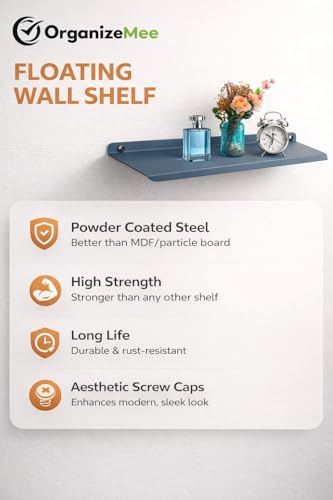 Image of 17 Inch Set 2 White Wall Shelf - Metal Floating Shelf for Wall, Wall Mounted Shelves, Modern Wall Shelf for Bedroom & Living Room Storage, Minimalist Wall Mount Shelf (43.18 CM Long X 17 CM deep)