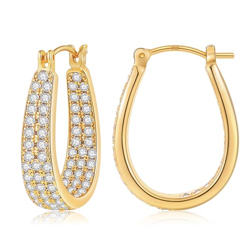 Gacimy Gold Oval Hoop Earrings for Women 14K Real Gold Plated, Chunky Gold Earrings Hoops for Women with Cubic Zirconia