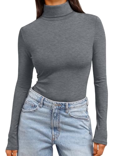 Trendy Queen Women's Turtleneck Long Sleeve Shirts Spring Fashion BasicThermal Underwear Tops Winter Clothes 2026 Grey S