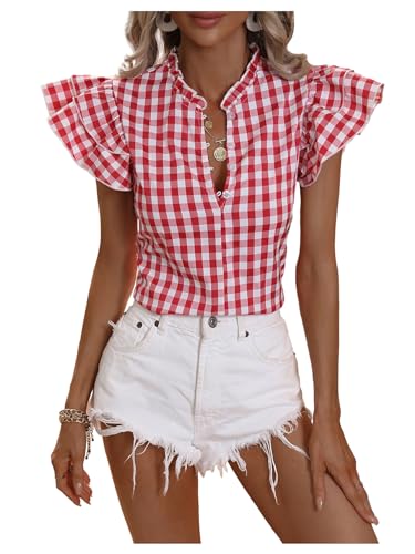 Milumia Women's Casual Plaid Frill V Neck Half Button Layered Flutter Sleeve Blouse