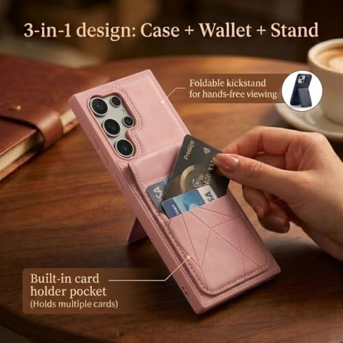 Image of amazon basics Premium Vegan Leather Back Cover with Card Holder and Integrated Mobile Stand for Samsung Galaxy S24 Ultra 5G - Slim Shockproof Wallet Case with Geometric Stitching [Pink]