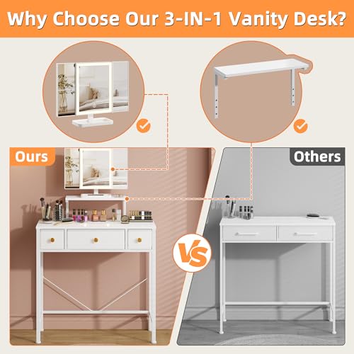 Image of HIGDBFE Small Makeup Vanity Desk 27.5''W with Mirror and Lights, Vanity Desk with 3 Fabric Drawers and Height-Adjustable Stand, Vanity Table for Girls Gifts, Bedroom and Small Spaces, White