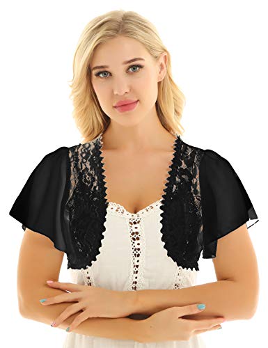 ACSUSS Women's Short Sleeve Bolero Shawl Chiffon Shrug Cropped Open Front Lace Cardigan Black S