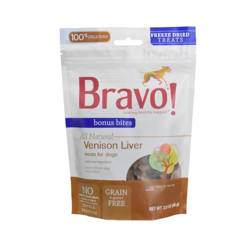 Bravo! Bonus Bites Single Ingredient Freeze Dried Raw Dog Treats, Venison Liver, 3 Ounce, High Protein, Grain Free, Gluten Free