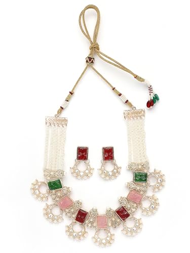 Image of Karatcart Pink Stone Studded Pearl Kundan Necklace Set for Women