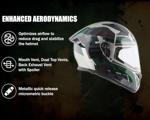 Image of Vega Bolt Army Full Face Riding Helmet with Lightweight Shell, Comfortable Liner, Shock Absorbing Interior, Ventilated Fit, Durable Build, and Modern Mud Battle Green Styling Mud Battle Green-M