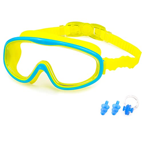 KAILIMENG Kids Swim Goggles, Clear Wide View No-Leak Anti-Fog UV Protection Swimming Glasses with Nose Clip Earplugs for Toddlers Youth Child 3-15 Years Old (Blue Yellow)
