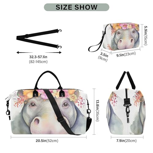 Large Travel Duffel Bag, Yellow Floral Hippo Sport Tote Gym Bag, Shoulder Weekender Overnight Bag for Women Men, Carry On Luggage with Toiletry Bag3