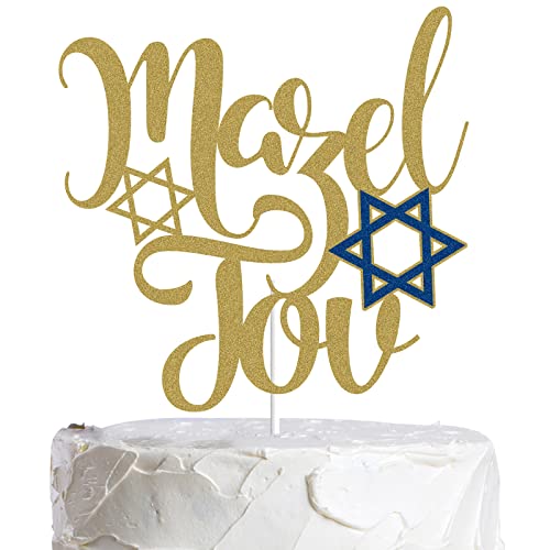 Mazel Tov Cake Topper Gold Glitter Jewish Birthday Chanukah Holiday Cake Decoration Hebrew Congratulations Hanukkah Star Of David Party Supplies #TOP11