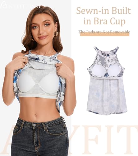 Image of Women Halter Tank Top with Built in Bra Flowy Sleevless Padded Camisole Loose Fit Summer Shirt Top S-3XL