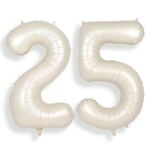 SUWEN 40 Inch Large Cream White 25 Balloon Numbers Big Foil Helium Number Balloons 0-9 Jumbo Happy 25th Mylar Birthday Party Decorations for Women or Men 52 Anniversary Party Supplies